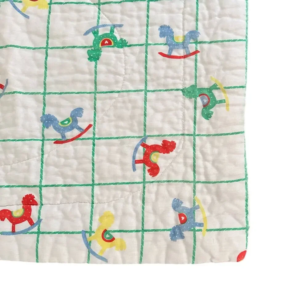 Vintage 80s Quilted White Green Grid Rainbow Rocking Horse Print Baby Blanket